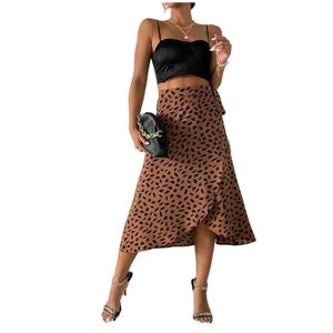 FXSMCXJ Satin Skirt Women's Casual Print Long Skirt High Waist Split Skirts Summer-dark Brown-s