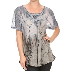 Sakkas 16480 - Taylay Ombre Tie Dye Batik Long Embroidered Corset Neck Blouse Shirt Top - Grey - OS