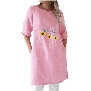 Generic B-644 Pink Womens V Neck Faux Gauze Linen T Shirts Lounge Tee Tops for Women 3/4 Sleeve Sunflower Floral Graphic Loose Fit Long Fall Summer Shirts 2024 Soft Comfy Clothing XL