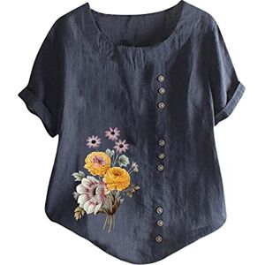 Generic Floral Print Cotton Linen Tops for Women UK Summer Crewneck Short Sleeve T Shirts Ladies Casual Baggy Blouse Dressy Elegant Tunics Dark Blue