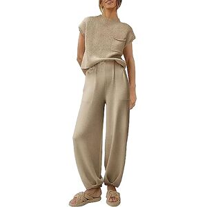 Lounge Wear Sets For Women Uk 2 Piece Mock Neck Knitted Sweater Set Short Sleeve Ribbed Pullover Sweater Top High Waist Wide Leg Trousers Y17K Tracksuit Matching Set Casual Outfits Holiday Outfits