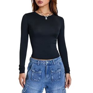 Frobukio Women's Slim Fit Solid Tight T-Shirts Long Sleeve Crew Neck Crop Tops Casual Going Out Workout Stretch Basic Tee Blouses (Slim Black, M)