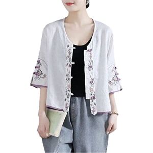 Hinewsa Retro Embroidered Button Cotton Shirt Women 'S Summer Chinese Style Loose Short V-Neck Blouse Tops White