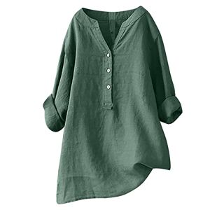 Haolei Linen Tops for Women UK Plus Size,Ladies Long Sleeve Tops Cotton Linen Button V Neck Henley Shirts Elegant Loose Lagenlook Top Work Summer Blouses Boho Solid Color Tee Shirt Tunic Tops