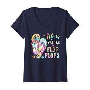 Summer Holiday Gift Womens Life Is Better In Flip Flops Leopard Summer Beaches Holiday V-Neck T-Shirt