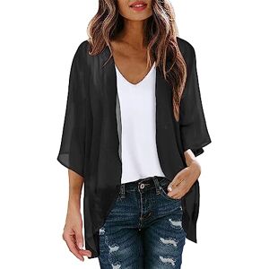 PAIDAXING Women's Chiffon Cardigan 3/4 Sleeve Summer Beach Cover Up Ladies Open Front Kimono Cardigan Shrug Lightweight Sheer Shawl Blouse Casual Beachwear Tops Black