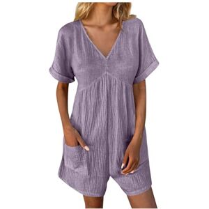 Bauzuoyo Jumpsuit Women's Summer Casual Sleeveless Jumpsuit Short Jumpsuit V-Neck Loose One-Piece Dungarees with Pockets Women's Short Wide Trouser Leg Playsuit Romper Plain Trouser Suit, purple, S