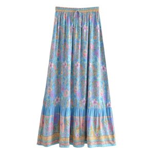 Boho Maxi Skirt Summer Casual Skirts for Women Floral Long Flowy Flare Gypsy Hippie Bohemian Style (UK, Alpha, L, Regular, Regular, Blue Flower)