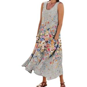 WERVOT Women Summer Dress Cotton Round Neck Sleeveless Pocket Retro Floral Breathable Long Dress Winter Dresses Women, Ab-khaki, 5XL