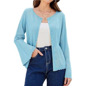 Women Solid Colour Casual Cardigan Long Sleeve Stretchy Knitwear with Peplum Hem for Outgoing Wear Light Blue M