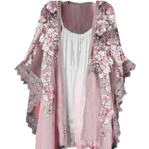 Frer FWSHANGMAO Women's Cardigans, Women's Elegant Open Front Pink Chiffon Cardigan Lace Print Coat Top Boho Summer Cardigans Casual Kimono Blouse Shrugs for Weddings Bolero for Dress,M