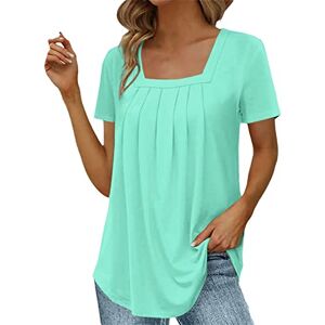 KBOPLEMQ Women's T-Shirt with Square Neck and Short Sleeve Tops T-Shirts Long Shirt Elegant Plain Tunic Tops Top Square Neck Pleated Blouse Shirt Summer Spring, B Light Green, M