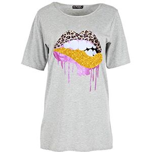 Fashion Star Womens Printed Baggy Stripes Short Sleeve Oversized T Shirt Top Plus Size (UK 20/22) Glitter Biting Lips Grey