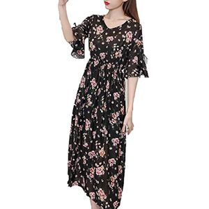 Generic Womens Casual Summer Dress Loose Short Sleeve Floral Wrap V Neck Ruffle Flowy Boho Midi Sundress Long Dresses, Black 1, Medium