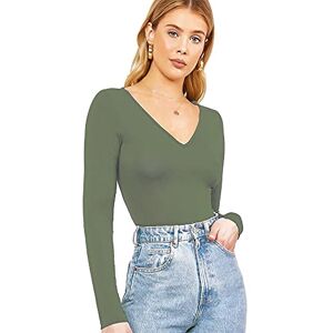 STAR FASHION Women's Ladies Long Sleeve V Neck Basic Top Jersey Plain Stretchy Slim Fit Casual Wear T-Shirt Tee Tops UK Size 8-26 Khaki