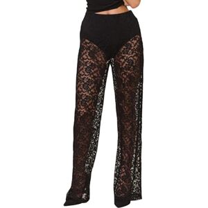 Aunaeyw Women 's Sheer Lace Trousers Wide Leg Gothic High Waist Flare Trousers Bell-Bottoms Mesh Goth Punk Hollow Out Trousers (Black, M)