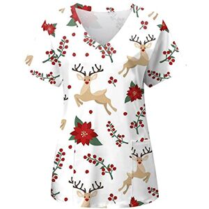 SHITOUJI Christmas Working Uniforms for Women Xmas Scrub Uniform Tunic Tshirts Short Sleeve V Neck Tops Snowman Printing Uniform Blouse Shirts