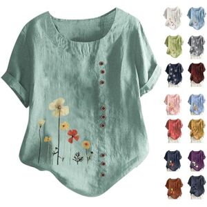 LUSHAasd Tops for Women UK Clearance Casual Cotton Linen Shirt Crewneck Floral Printed T Shirt Summer Blouses Short Sleeve Pullover Tunic Tops for Daily Vacation