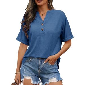 PASUDA Women's T Shirts Short Sleeve V Neck Tops Ladies Summer Loose Button Shirts Plain Color Tee Casual Basic Tunic Top (Navy, M)