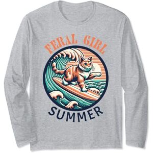 Feral Girl Summer Co Feral Girl Summer Funny Surfing Cat Summertime Beach Vibes Long Sleeve T-Shirt