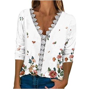 KUIH 3/4 Sleeve Shirts for Women Flower Print Casual Loose Lightweight Tops Lace V Neck Blouse Elegant Party Pullover Tunic T-Shirt Sweatshirts Summer Spring Blouses for Ladies UK Plus Size