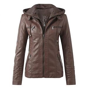 Buetory Womens Faux Leather Jacket Casual Slim Fit Stand Collar Multi Pocket Detachable Motorcycle Biker Hoodie Bomber Coat Brown, L