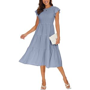 YUNDAI Womens Summer Casual Maxi Dress Boho Crewneck Ruffle Short Sleeve Elastic High Waist Tiered Loose Modest Long Dresses for Ladies, Small Gray Blue