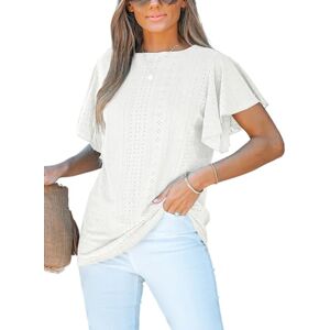 CUPSHE Women's Blouse Casual Round Neck Ruffled Short Sleeves Shirts Flounce Tops for Summer, Off-White, M