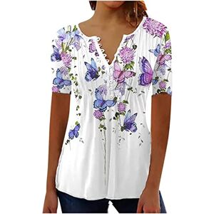 Yolimok Summer Henley T-Shirts Tops for Women UK Elegant Vintage Floral Printed Tunic Tops V Neck Flowy Flare Buttons Up Blouse Swing Blouses Longine Shirts Casual Baggy Pullover Plus Size 8-18