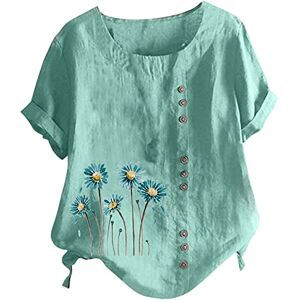 Haolei Linen Tops for Women UK Clearance,Ladies Floral T Shirts Elegant Cotton Linen Short Sleeve T Shirts Buttons Graffic Tee Shirt Crew Neck Casual Loose Fit Summer Blouses Lagenlook Tunic Tops