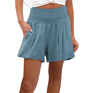 Buetory Summer Linen Lounge Shorts for Women Dressy Casual Elastic Waist Cotton Linen Wide Leg Flowy Comfy Beach Shorts(Light Blue,Large)