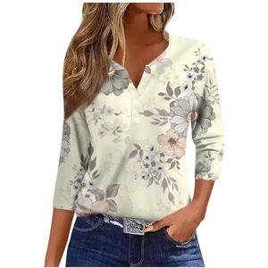 Generic Summer Women's V Neck 3/4 Sleeve Tops Floral Print Loose Tees Comfortable Button Womens Tshirts Casual Office Work Shirts for Running,Beach,Indoor&Outdoor White