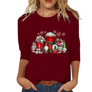 Dantazz Womens Christmas Casual Fashion Christmas Cup Gnome Printing Crew Neck Three Quarter Sleeve Tops T Shirt Blouse Lavender Women Pullover (Wine #2, L)