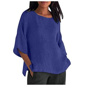 Frill Neck Blouses For Women Uk Linen Shirt for Women UK Sale Clearance Oversized 3/4 Sleeve Tunic Tops Cotton Linen T-Shirt Loose Fit Boho Tops Plain Summer Tee Shirts Ladies Casual Longline Blouses Plus Size 22 Blue