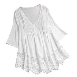 Dbgsdf Womens Summer Blouse Lace Crochet 3/4 Sleeve Embroidery Shirts Plus Size Cotton Linen Hollow Out Casual Loose Tunic Tops