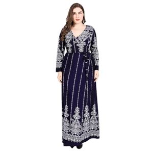 Ornrjfll Women Dress Long Sleeve Spring Woman Long V-Neck Print Maxi Summer Party Woman Elegant Dress Plus Size Blue 4XL