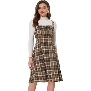 Allegra K Women's Dress Plaid Pinafore Dress Sleeveless Button Decor Pinafore Vintage Overall Tartan Cami Midi Dresses Brown 20