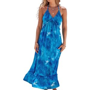 CUPSHE Women's Maxi Summer Dress Halter Neck Ruffle Plunge V Neck Sleeveless Backless A-Line Casual Party Long Dress Tie Dye Blue L