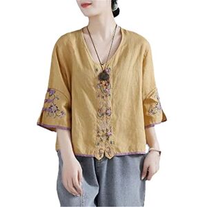 Hinewsa Retro Embroidered Button Cotton Shirt Women 'S Summer Chinese Style Loose Short V-Neck Blouse Tops Yellow