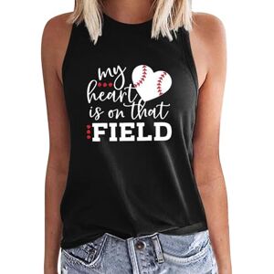 Generic Casual Sleeveless Tank Tops for Women Girl 2024 My Heart is On That Field Women's Baseball Letter Print Round Neck Pullover Casual Versatile Vest Sleeveless T Shirt Basics Women (Black, S)