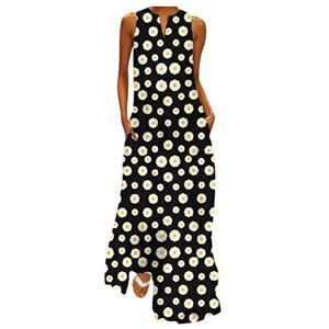 Janly Clearance Sale Woman Long Dress, Plus Size Women Vintage V Neck Splicing Floral Printed Sleeveless Maxi Dress, for Summer (XXXXL, Black)