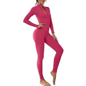 Litthing Women Yoga Jumpsuit Sports Romper Long Sleeve Unitard Stretchy Playsuit Ribbed Knit Zip Up Workout Outfit Slim Fit One Piece Bodysuit Fitness Sportswear Daily Wear