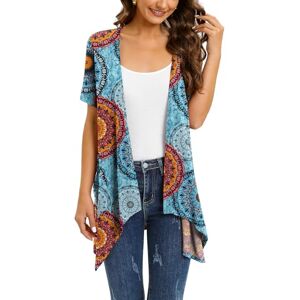 Wiwclo Lightweight Summer Short Sleeve Blue Floral Cardigan for Women Open Front Kimono Beach Cover Up with Pockets Jackets Top Drape Hem,XL