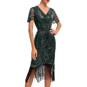 Generic down Jacket Women Lightweight Dress Tassels Hem Sequined Cocktail Dresses With 20s Accessories Costume Set Distressed Jacket for Women (Green, S)