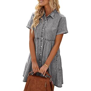 Qtinghua Women Denim Shirt Dress Short Sleeve Flowy Tiered Babydoll Distressed Jean Dress Casual Summer Button Down Tunic Top (Gray, XL)