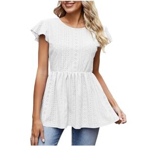 Generic P-797 White Ladies Crewneck Tops Casual Going Out Blouses for Juniors Sleeveless Cap Sleeve Long Slim Tunic Cut Out Pleated Basic Summer Fall Shirt 2024 Clothes Trendy S