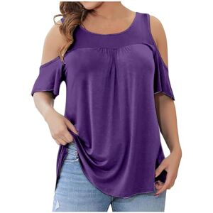 Generic O-858 Purple Short Sleeve Cold Shoulder Shirts for Women Summer Fall Crewneck Loose Fit Long Oversized Lounge Pleated Plain Tops Shirt Blouses Women 2024 Clothing Fashion 4XL