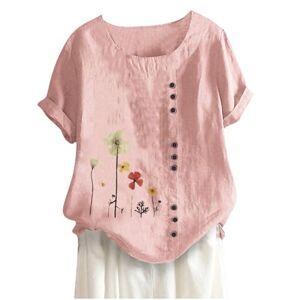 Tunic Tops For Women Uk Keepink Women's Summer Tops Loose Casual Blouses Cotton Linen Shirts Boho Embroidered Top Short Sleeve Button Tshirt Vintage Tunic Pullover Elegant T Shirts Large Size 8-22 UK