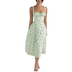 Tuosiqi ERMODA Women's Floral Corset Midi Dress,Summer Boho Sleeveless Square Neck Flowy Print Slit Lace Up Fitted Fairy Dress (Color : Light Green Leaves, Size : Medium)