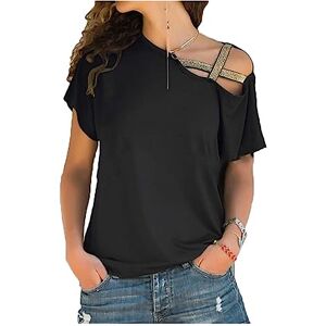 ASIYAN Tshirt Women's Short Sleeve Summer Off Shoulder Shirt Soft Tee Shirt Casual Irregular Short Sleeve T Shirt Shirts Womens Casual (Color : Noir, Size : M)